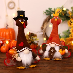Thanksgiving turkey gnome couple with LED lights and festive harvest decorations