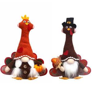 Set of two glowing Thanksgiving turkey gnome dolls with pumpkin and autumn decorations