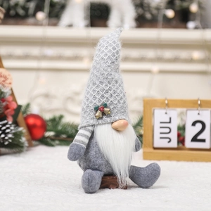 Christmas faceless gnome doll with gray felt hat and white beard for holiday table decor
