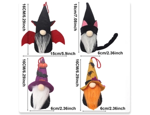 Size details of plush Halloween gnomes with bat cat and pumpkin motifs for decoration