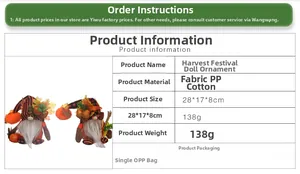 Detail view of harvest gnome dolls with fabric texture, maple leaf and pinecone decor
