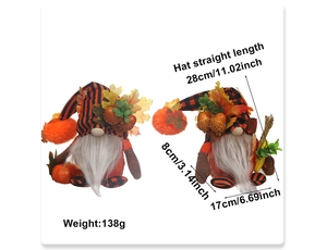 Detailed size chart for autumn cartoon gnome plush featuring orange pumpkin and maple leaf