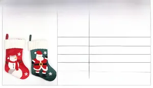 Detailed size chart of large snowman and Santa Claus Christmas stockings with applique embroidery