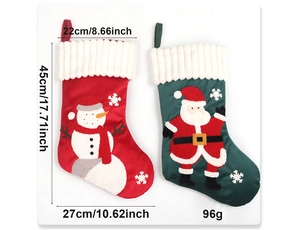 Detailed dimensions of embroidered Christmas stockings with Santa and Snowman patches