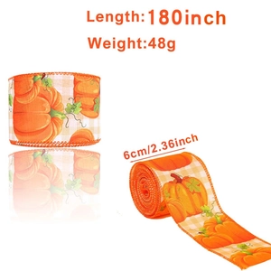 Detail of harvest pumpkin ribbon with orange wire edge and 2.36 inch width dimensions