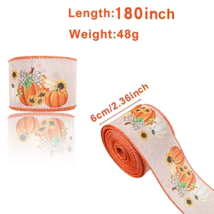 Fall burlap ribbon roll with pumpkin and sunflower prints showing dimensions and weight