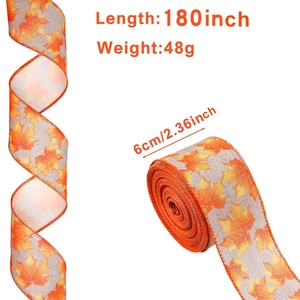 Detail view of harvest maple leaf linen ribbon rolls with autumn pumpkin print dimensions