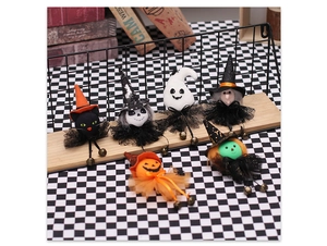 Set of 6 Halloween plush ornaments with bells featuring witch, pumpkin, and ghost designs