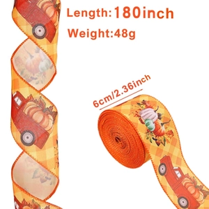 Detail of fall harvest linen ribbon with red truck and pumpkin print 180x2.36 inch