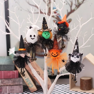 Halloween Witch Ghost Pumpkin Skeleton Hanging Doll Ornament Set With Mesh And Bells For Home Party Decor