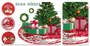 Vue détaillée de jupes de sapin de Noël rouges de 120cm avec motifs festifs