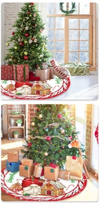 Détail d'une jupe de sapin de Noël ronde avec motifs de maisons de pain d'épices