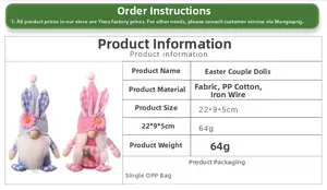 Detailed spec sheet of plush Easter gnome couple ornaments with fabric and wire material
