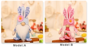 Detail of Easter gnomes plush set with rabbit ears and daisies for spring table decor