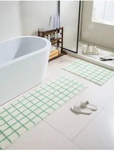 Detail of green and white checkered bath mat set with soft high-density flocking texture