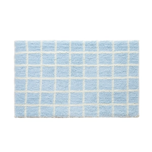 Rectangle light blue and white checkered absorbent bathroom mat with soft plush texture