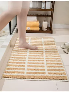 Detail of soft striped flocked bedside rug with high-end texture and non-slip edges