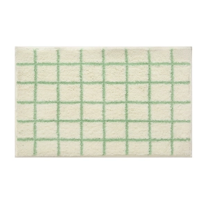 Minimalist green checkered bathroom mat with soft plush texture on a white background