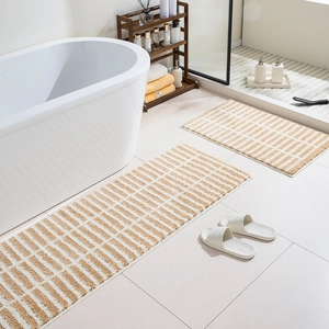 Checkered shaggy bedside rugs set in beige and khaki for a modern minimalist home bedroom