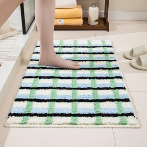 Tapis de bain à carreaux bleu et vert avec texture douce pour antidérapant de salle de bain
