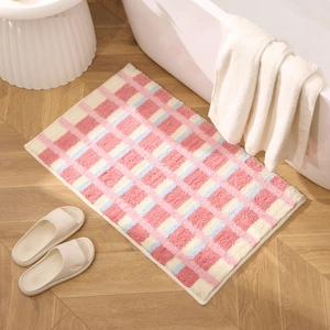 Tapis De Bain À Damiers Antidérapant Absorbant L'eau Flocage Peluche Tapis De Salle De Bain Lavable Moderne