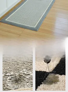 Macro view demonstrating high water and oil absorption on gray striped kitchen floor mat