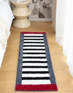 Detailed view of the striped plush bedside rug texture and soft microfiber material