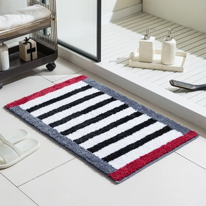 Plush striped bedroom bedside rug with thick absorbent chenille in red and grey
