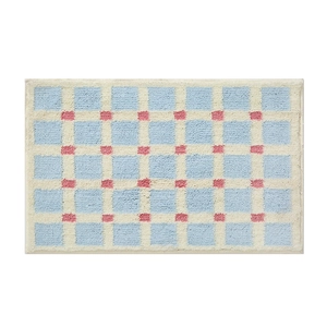 Modern plaid absorbent bathroom floor mat with blue, cream and pink checkered flocking