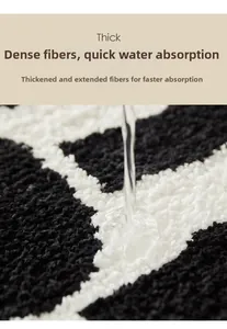 Close-up of thick absorbent shaggy fibers absorbing water on a striped bath mat