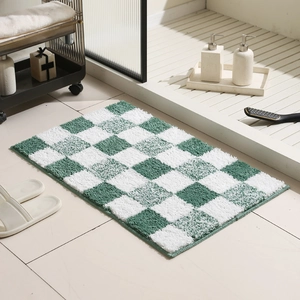 Checkerboard Absorbent Bathroom Floor Mat Non-Slip Thick Chenille Flocked Rug Modern Geometric Area Mat For Washroom Bedroom