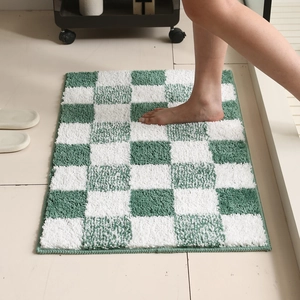 Absorbent green checkered bathroom mat with soft non-slip thick microfiber surface