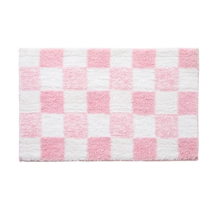 Pink and white checkered microfiber bathroom mat with thick absorbent plush texture