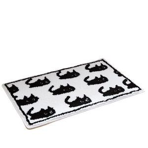 Thickened cat silhouette bath mat in black and white minimalist flocked plush fabric