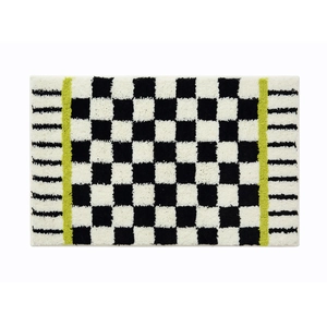 Checkered black and white bathroom mat with green stripes, soft absorbent tufted rug