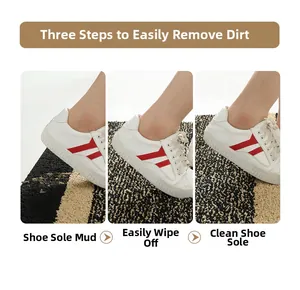 Three-step cleaning process showing dust removal effect on black and white striped doormat