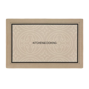 Waterproof kitchen rug with beige woven texture and Kitchen & Cooking print design