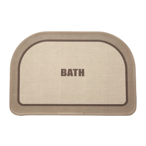 Semicircle linen texture bath mat with BATH text in beige and dark coffee brown