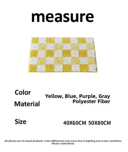 Detail view of yellow checkered bath mat made of polyester showing size and color options