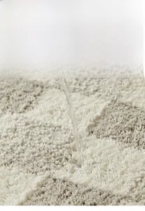 Macro detail of thick checkered bath mat showing fast water absorption on plush fibers