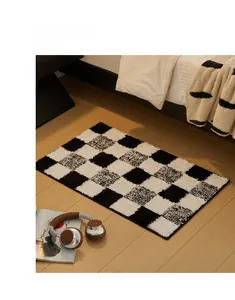 Macro detail of the checkered bath mat texture on a warm wooden floor setting