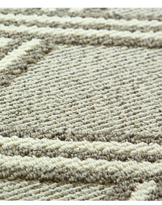 Primer plano detallado de la textura de alfombra con rayas onduladas beige y gris