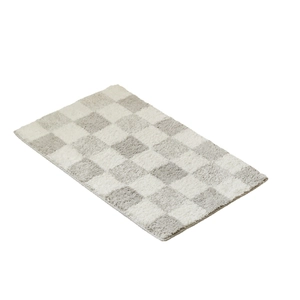 Grey and white checkered plush bathroom mat with absorbent non-slip microfiber texture