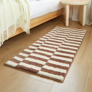 Thick vintage checkered striped runner rug for bedroom bedside with plush texture