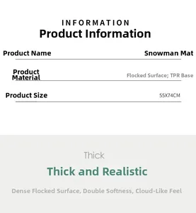Detail specifications of snowman bath mat showing 55x74cm size and TPR non-slip backing