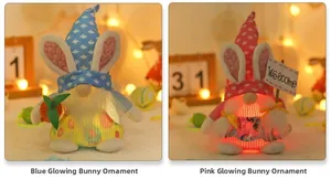 Close-up of lighted blue and pink Easter gnome plush toys with Welcome sign and bunny ears