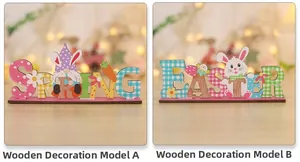 Detail view of Easter and Spring wooden table signs with rabbit and dwarf designs