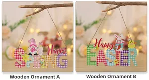 Dettaglio di ornamenti pasquali e primaverili in legno con ganci in corda rustica