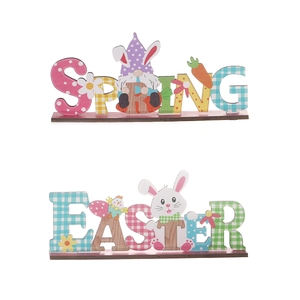 Easter and Spring themed wooden tabletop signs with gnome and bunny patterns on pedestals