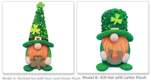 Detail view of St. Patrick's Day gnomes with green sequins, shamrocks and gold horseshoe